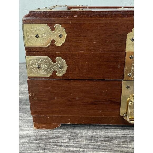 Vintage Asian Brass Inlay Wooden Jewelry Box Chest Organizer 11.5x7x5.5 - Picture 4 of 9